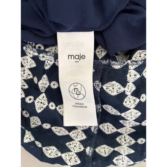 Maje Women's Size 34 Navy Woven Embroidered Frills Round Neck Trapeze Mini Dress - Picture 4 of 13